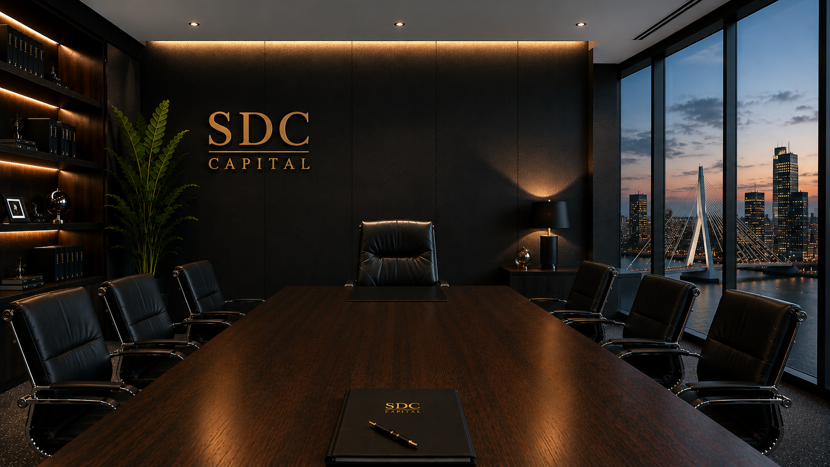 SDC Capital boardroom overlooking the Rotterdam skyline at dusk